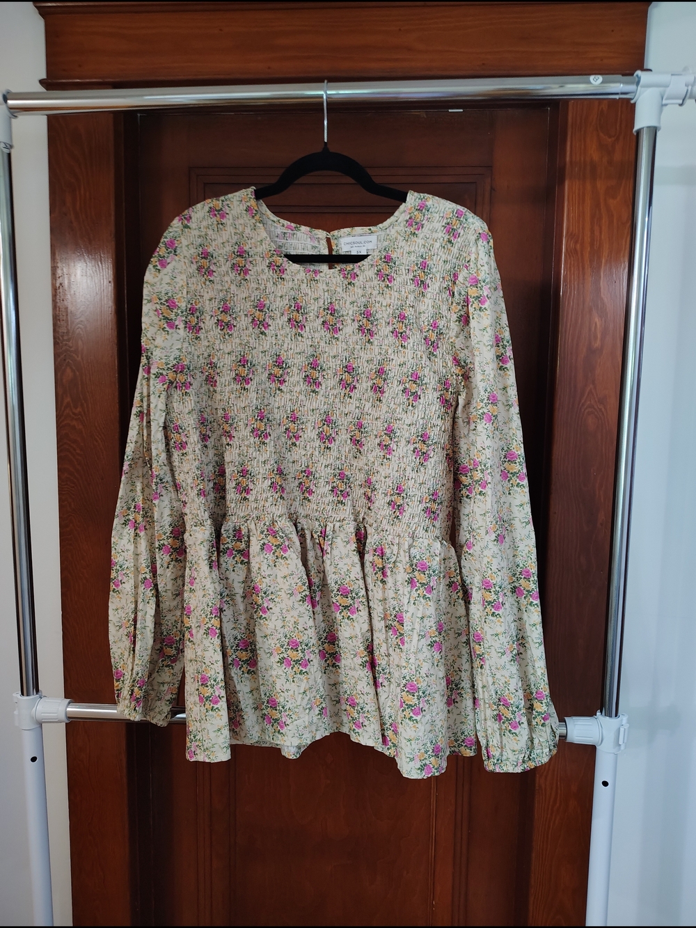 Chic Soul Cream Blouse with Pink Floral Smocking